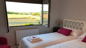 A bedroom with two beds, a window with a view of fields, a radiator, a nightstand with a lamp, and a pink chair.