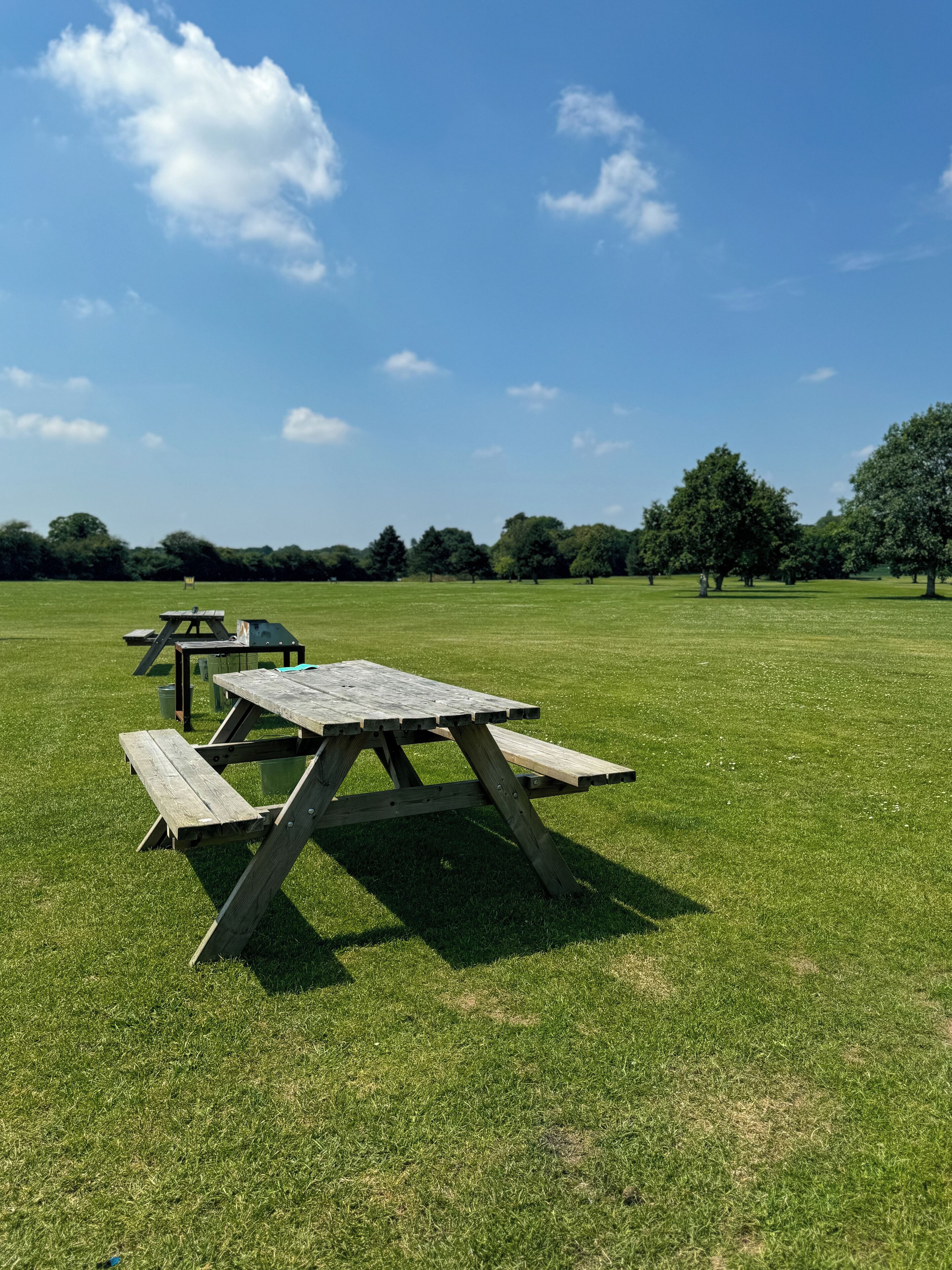 A picnic area with wooden tables and benches in a grassy field.