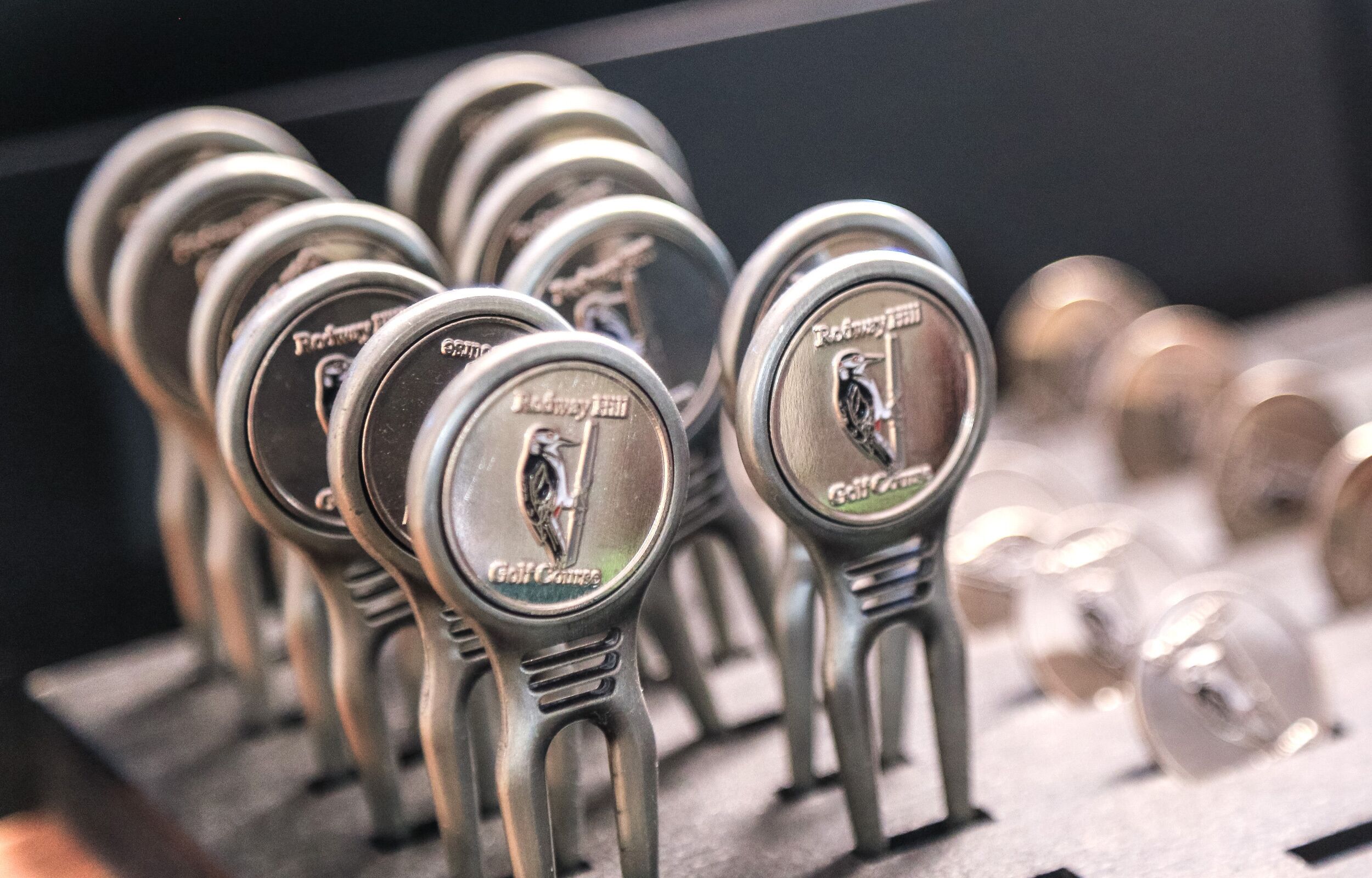 A row of golf club heads with the brand name "Titleist" visible on them.