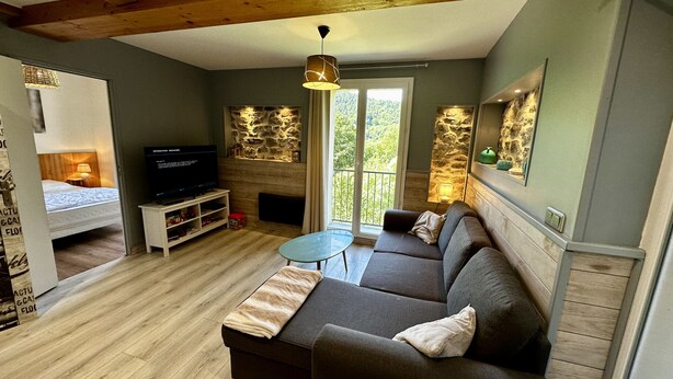 A modern living room with a sofa, a television, a small table, and a fireplace. - Le Rocher - Le Mont Dore 6 pers (Mont-Dore)
