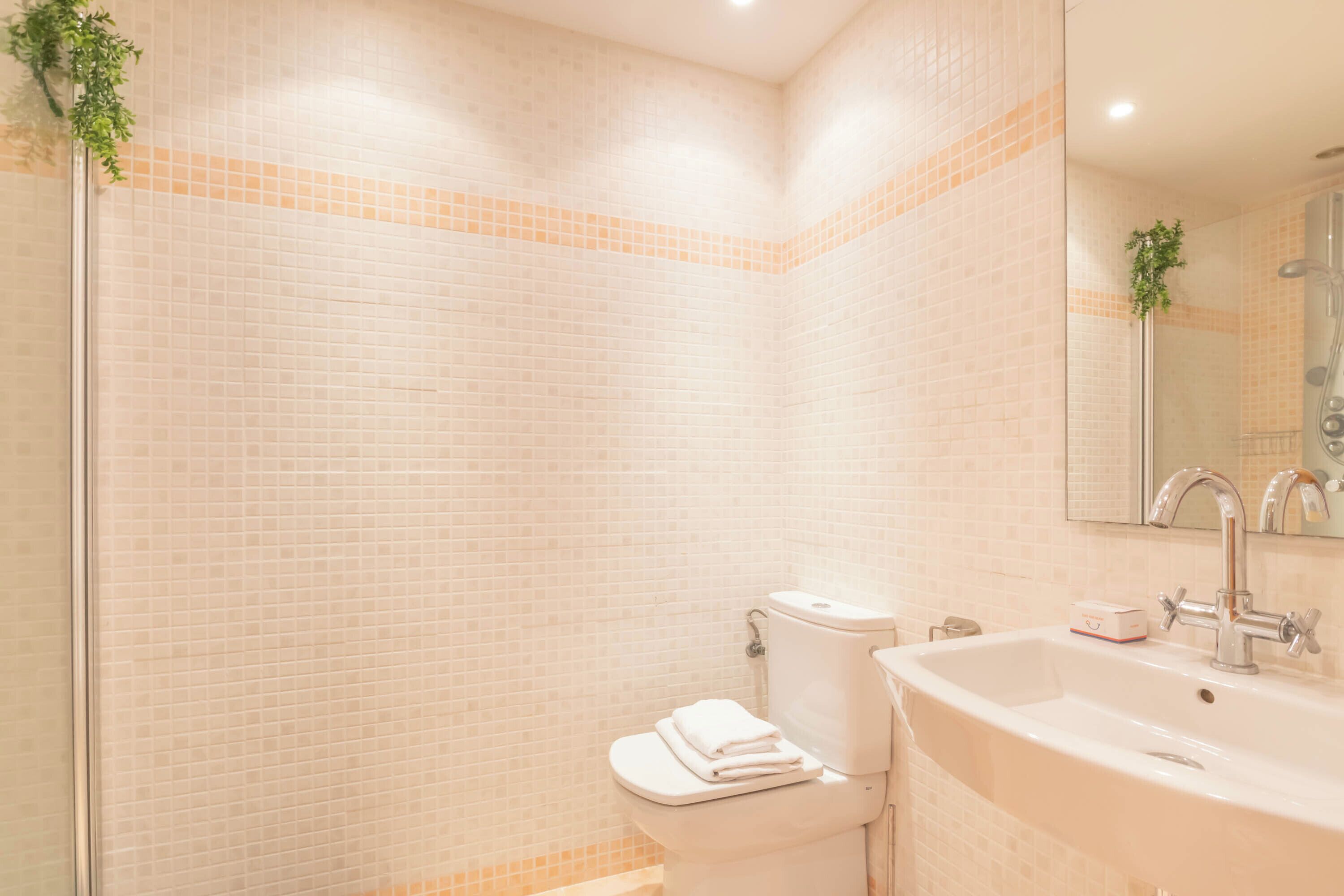A bathroom with a white toilet, a sink, and a shower area.