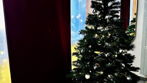 A Christmas tree with a star on top, positioned next to a mirror and a red curtain. - Cosy and spacious village house in the historic center of Turckheim (Turckheim)