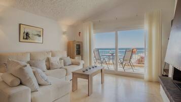 21-inch TV with cable channels, fireplace