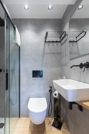 Douche, séchoir à cheveux, serviettes fournies