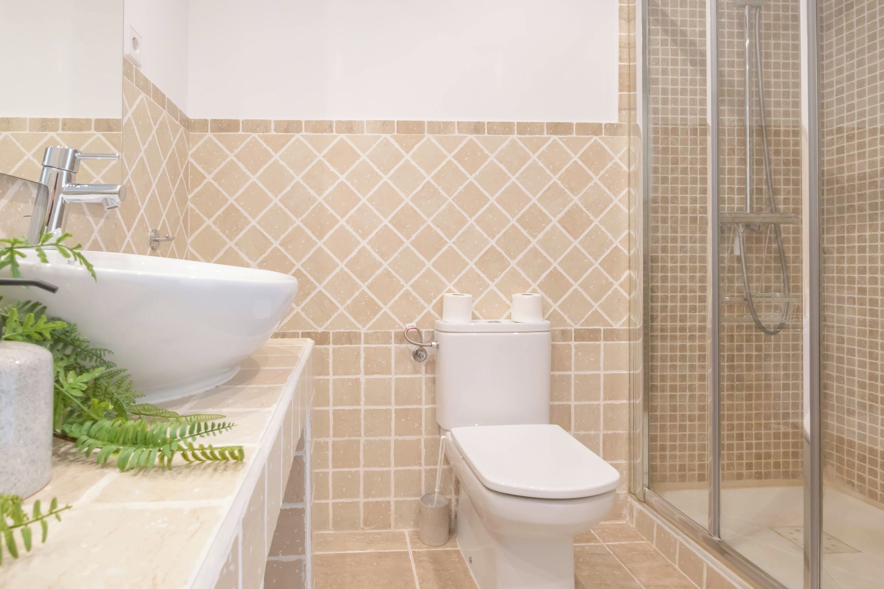 A bathroom with a sink, toilet, and shower.