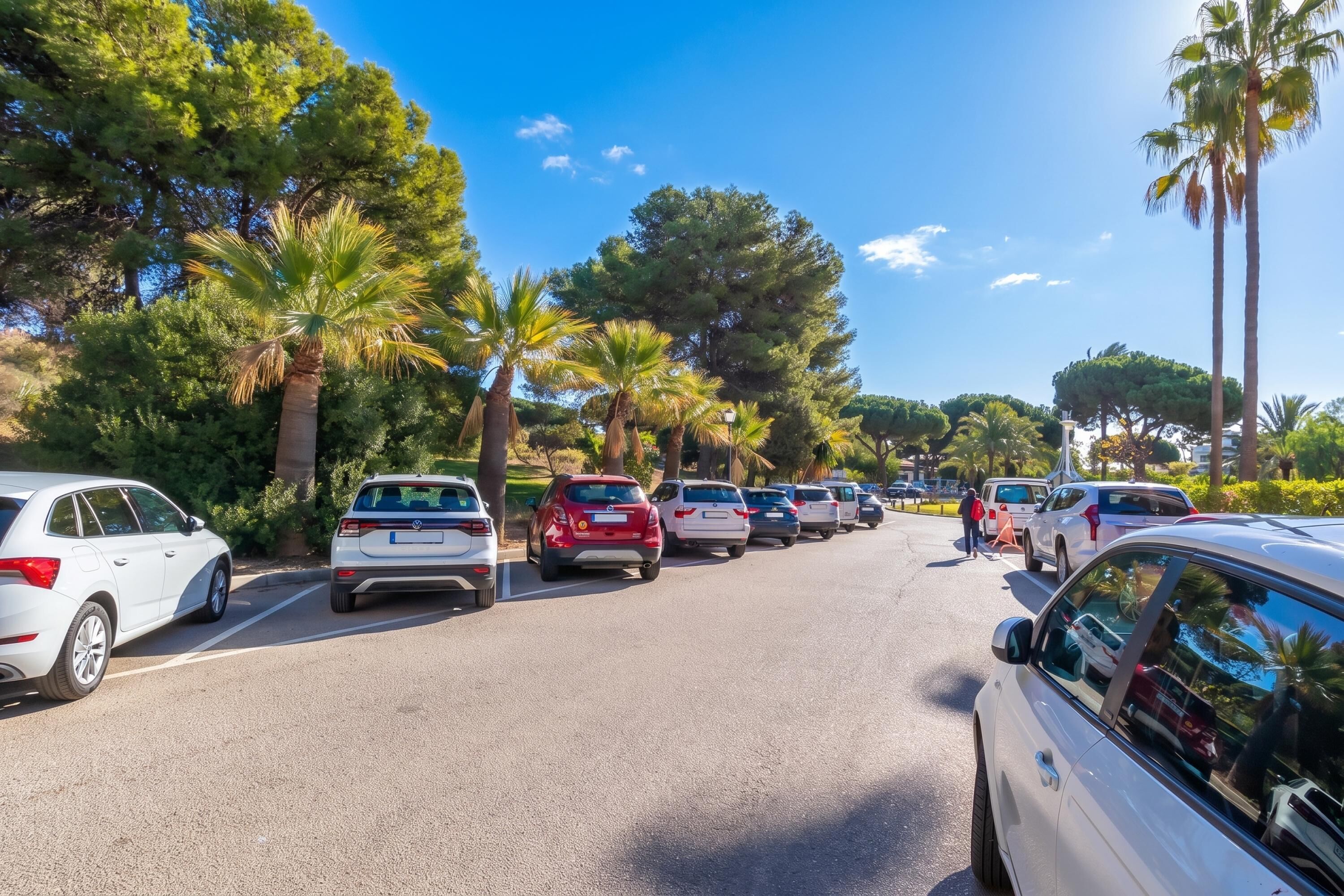 A parking lot with multiple cars, trees, and a clear blue sky.