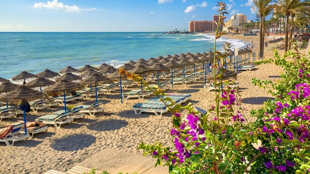 Een strand met rijen ligbedden en rieten parasols, een promenade met palmbomen en een hotel op de achtergrond.