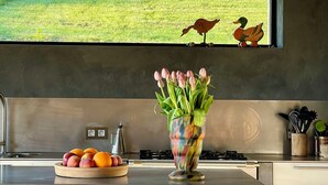 A modern kitchen with a large window, a fruit bowl, a colorful vase with tulips, and a stove. - 10 ponds, Nature & Architecture, 6-8p (Florennes)