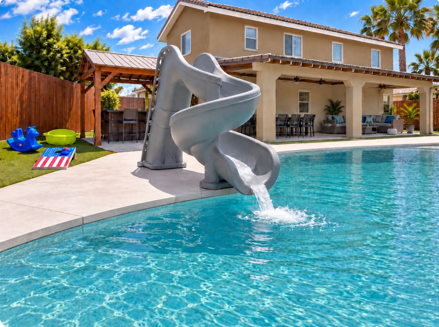A swimming pool with a water slide, a wooden deck, and a house in the background.