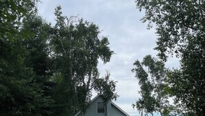 Une maison avec un porche et des marches, entourée d’arbres et d’une cour gazonnée.
