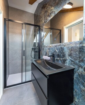 Shower, hair dryer, towels