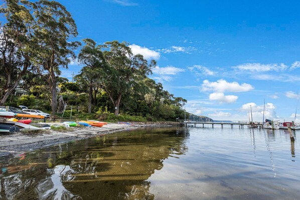 A calm waterfront with boats docked on the left, a pier extending into the water, and dense trees lining the shore.