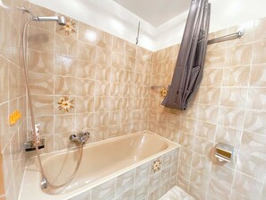 Une salle de bain avec une baignoire, une douche et un porte-serviettes.