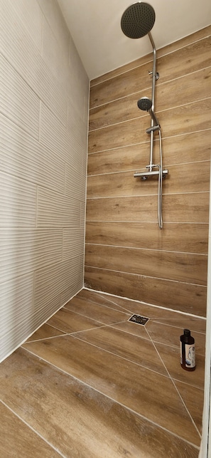 Douche, sĂšche-cheveux, serviettes fournies, savon