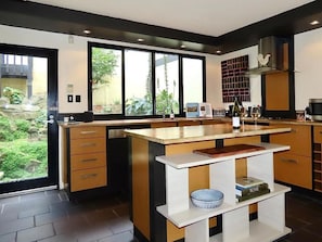 Cocina moderna con una isla grande, electrodomésticos integrados y vistas al exterior.