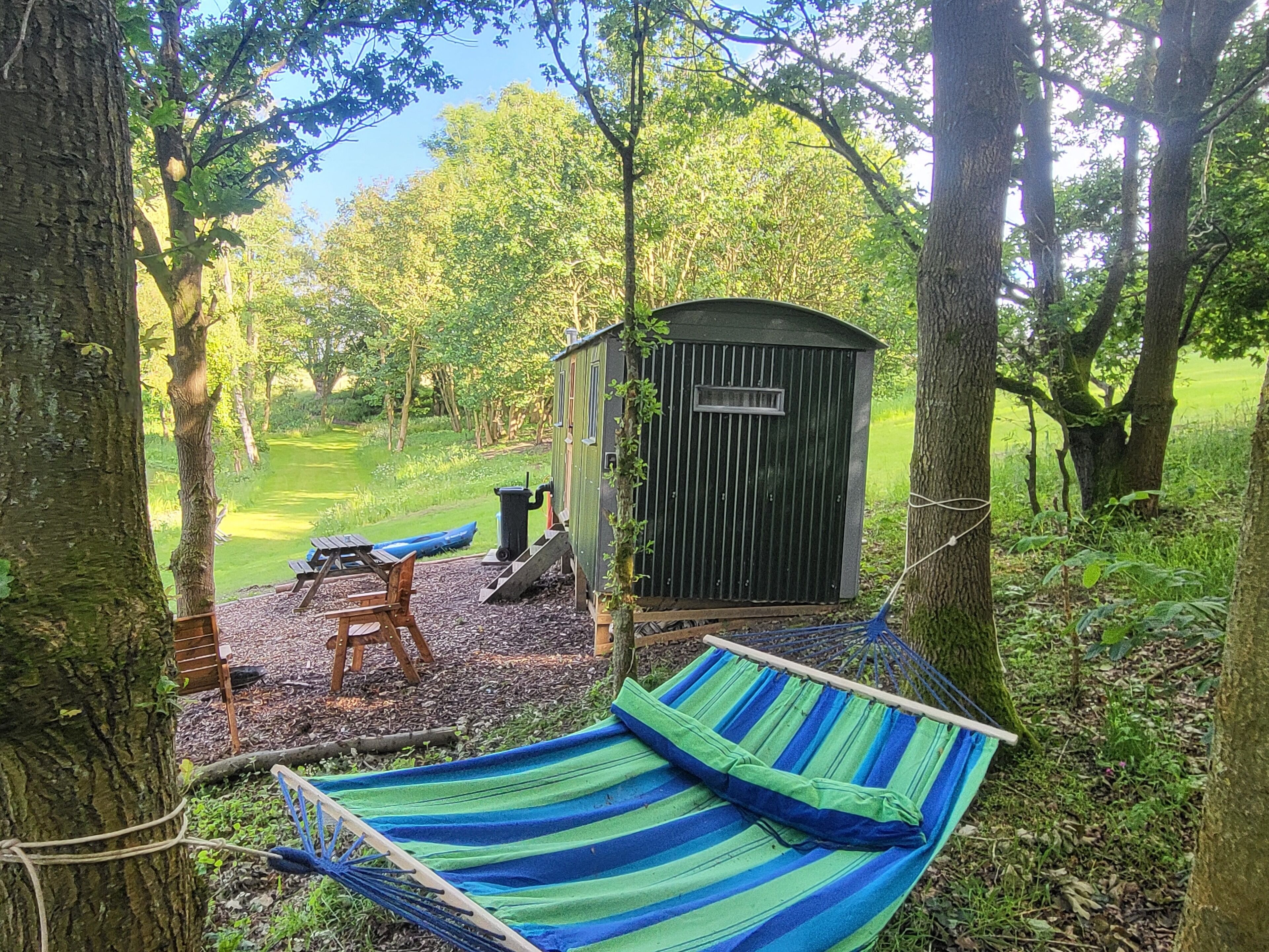 A hammock, a wooden bench, and a shed in a forested area.