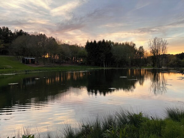 Una escena tranquila junto al lago con una cabaña pequeña y una mesa de picnic.