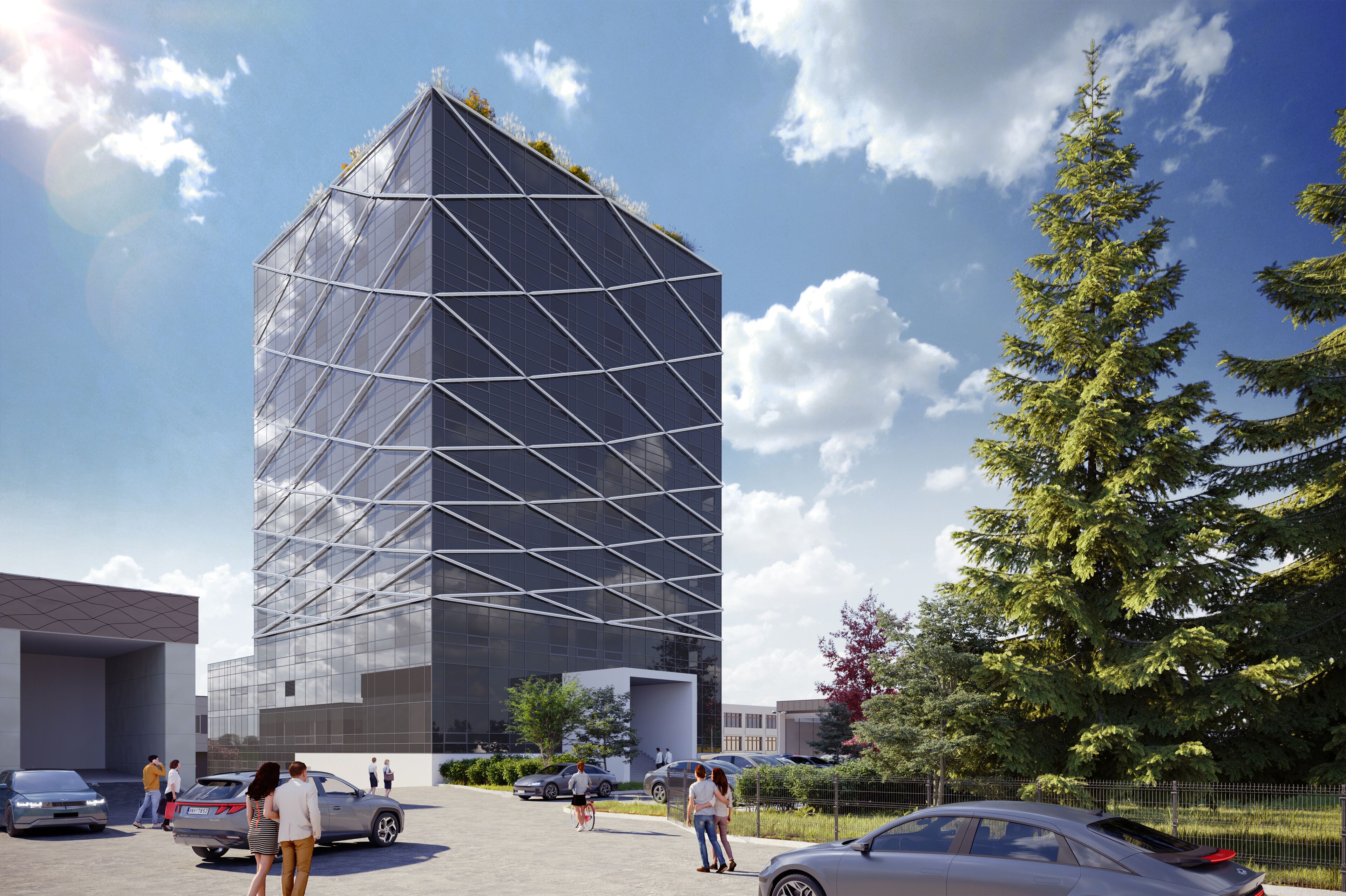 Un bâtiment moderne doté d’une façade en verre et d’une conception géométrique.