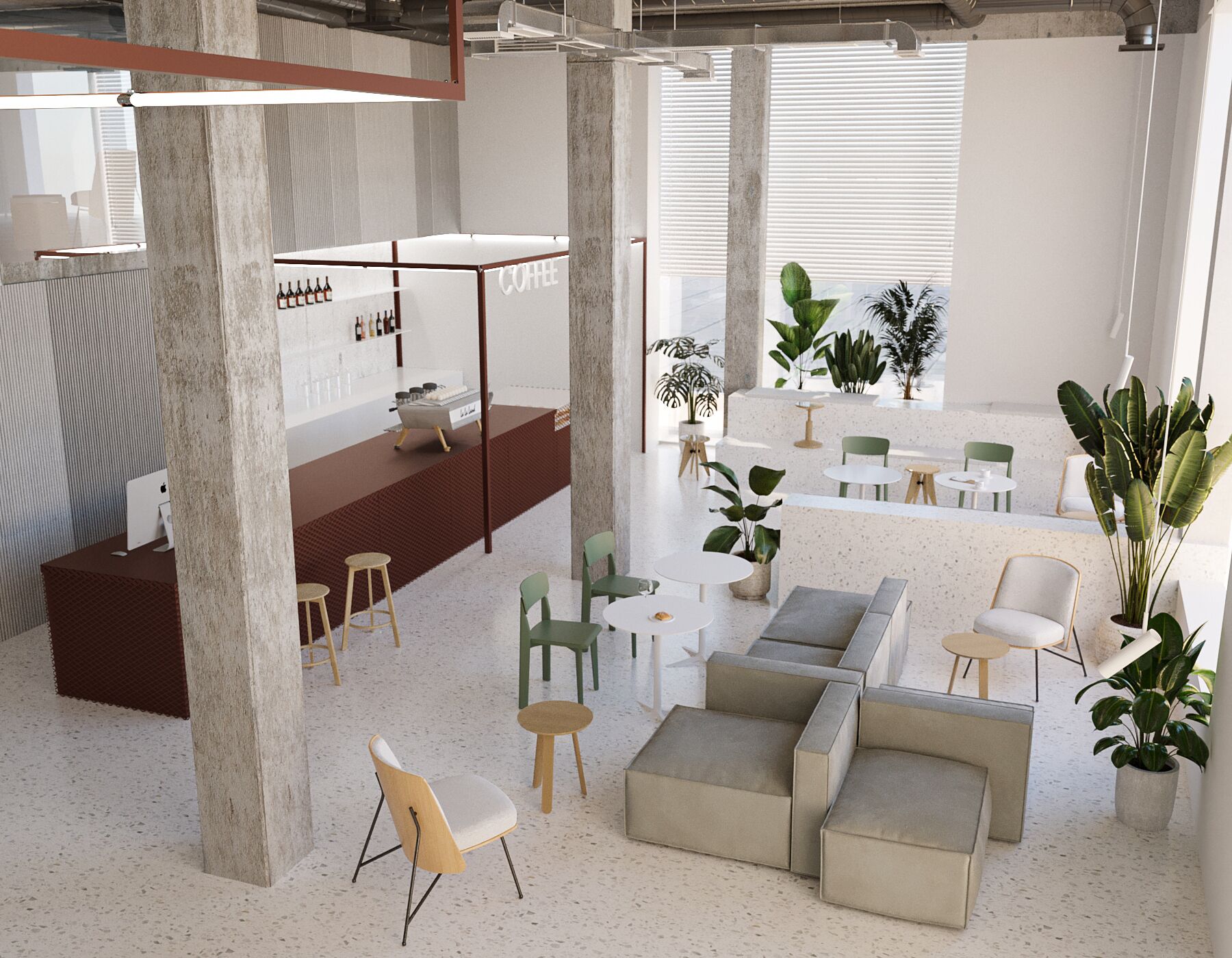A modern interior with a coffee bar, seating areas, and potted plants.