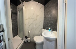 Familjerum | Badrum | Dusch, gratis toalettartiklar, handdukar och toalettpapper