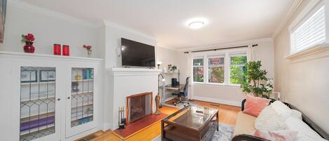 Smart TV, chimenea y libros