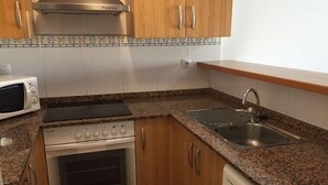 A compact kitchen with wooden cabinets, a stainless steel sink, a microwave, an oven, and a dishwasher. - Mercury (Peniscola)
