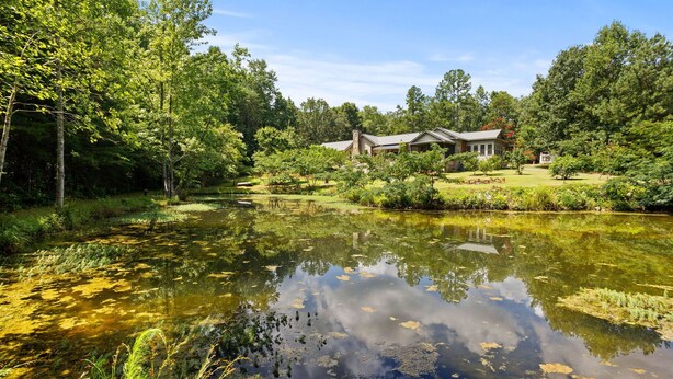 A house surrounded by a lush garden and a pond. - Secluded Spiritual Oasis in Travelers Rest (Travelers Rest)
