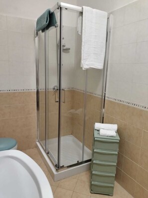 Hair dryer, towels, soap, toilet paper