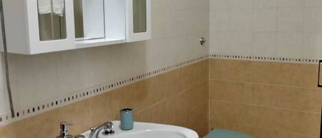 Hair dryer, towels, soap, toilet paper