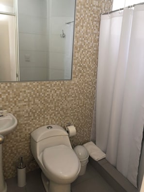 Regadera, toallas, jabón, shampoo