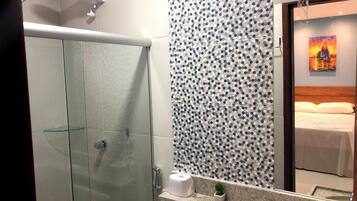 Hair dryer, towels, soap, shampoo