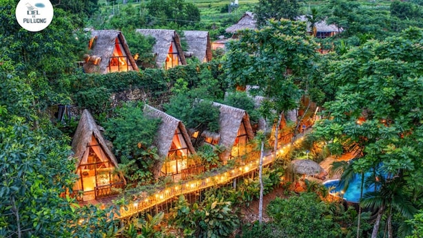 Una serie de cabañas con techos de paja ubicadas en un paisaje verde y exuberante, conectadas por un sendero iluminado.