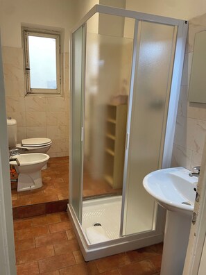 Shower, hair dryer, bidet, towels