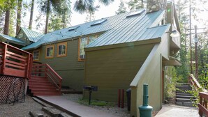 Une cabane rustique avec un toit en métal, un escalier en bois et un petit porche.