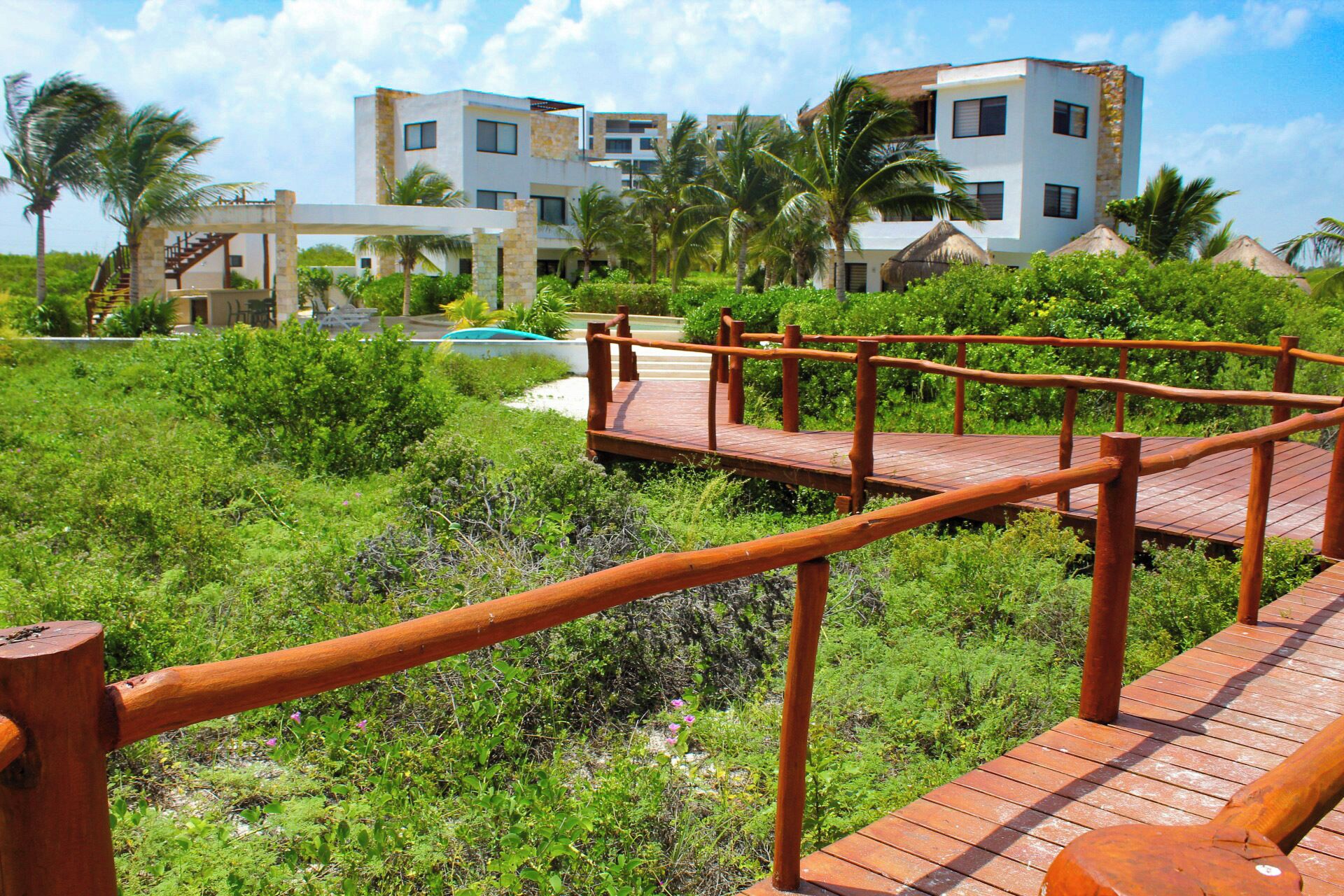 A wooden deck with a railing, surrounded by lush greenery and palm trees, leading to a modern building with multiple balconies.