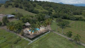 An aerial view of a property with a swimming pool, palm trees, and a thatched-roof structure. - Tahiti Diamond Rest Farm (Girardot)