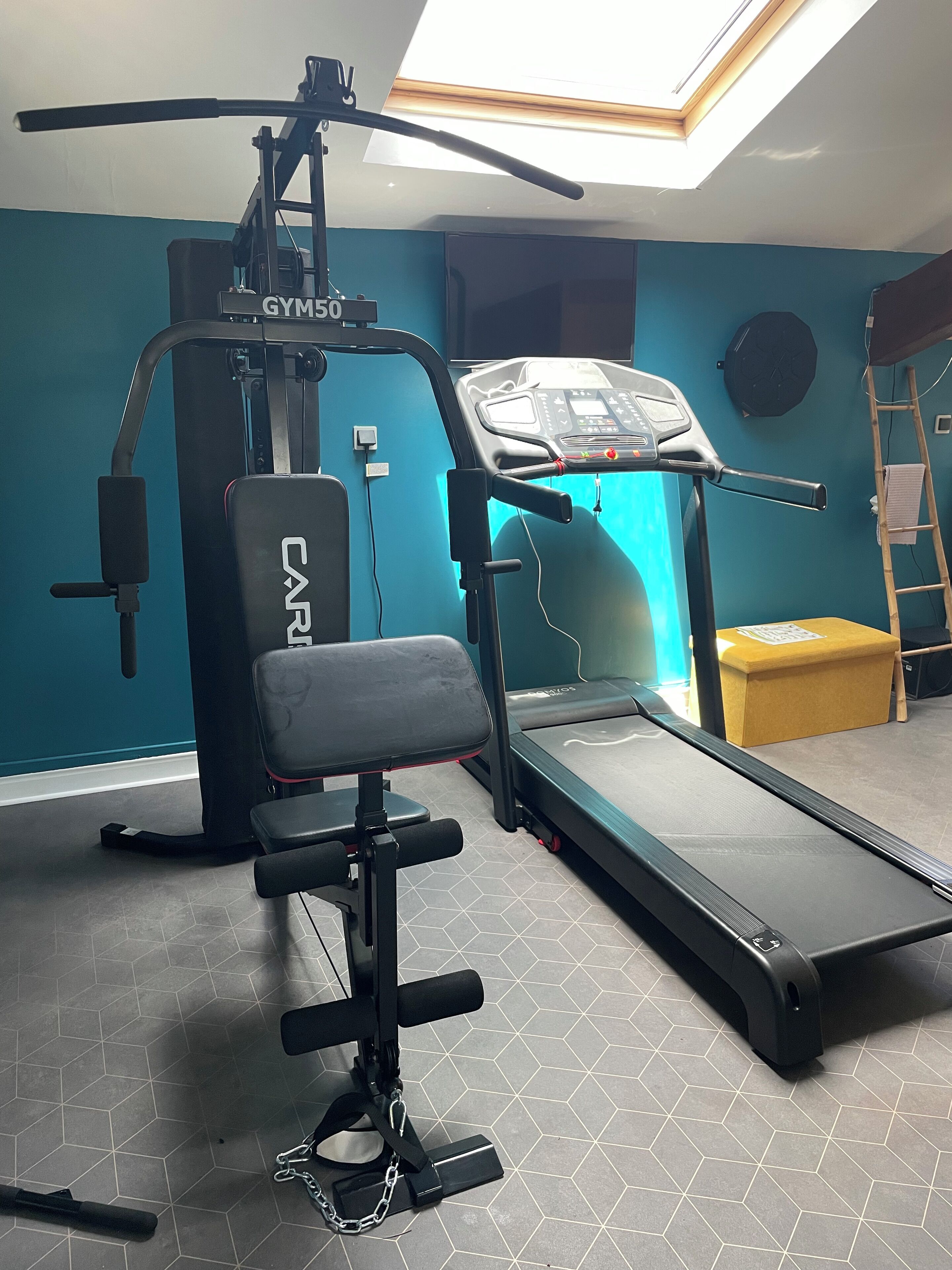 A gym with a treadmill, weight bench, and exercise machine.