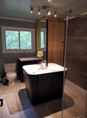 Relax in a spacious bathroom with a bathtub, standard toilet, and contemporary sink.