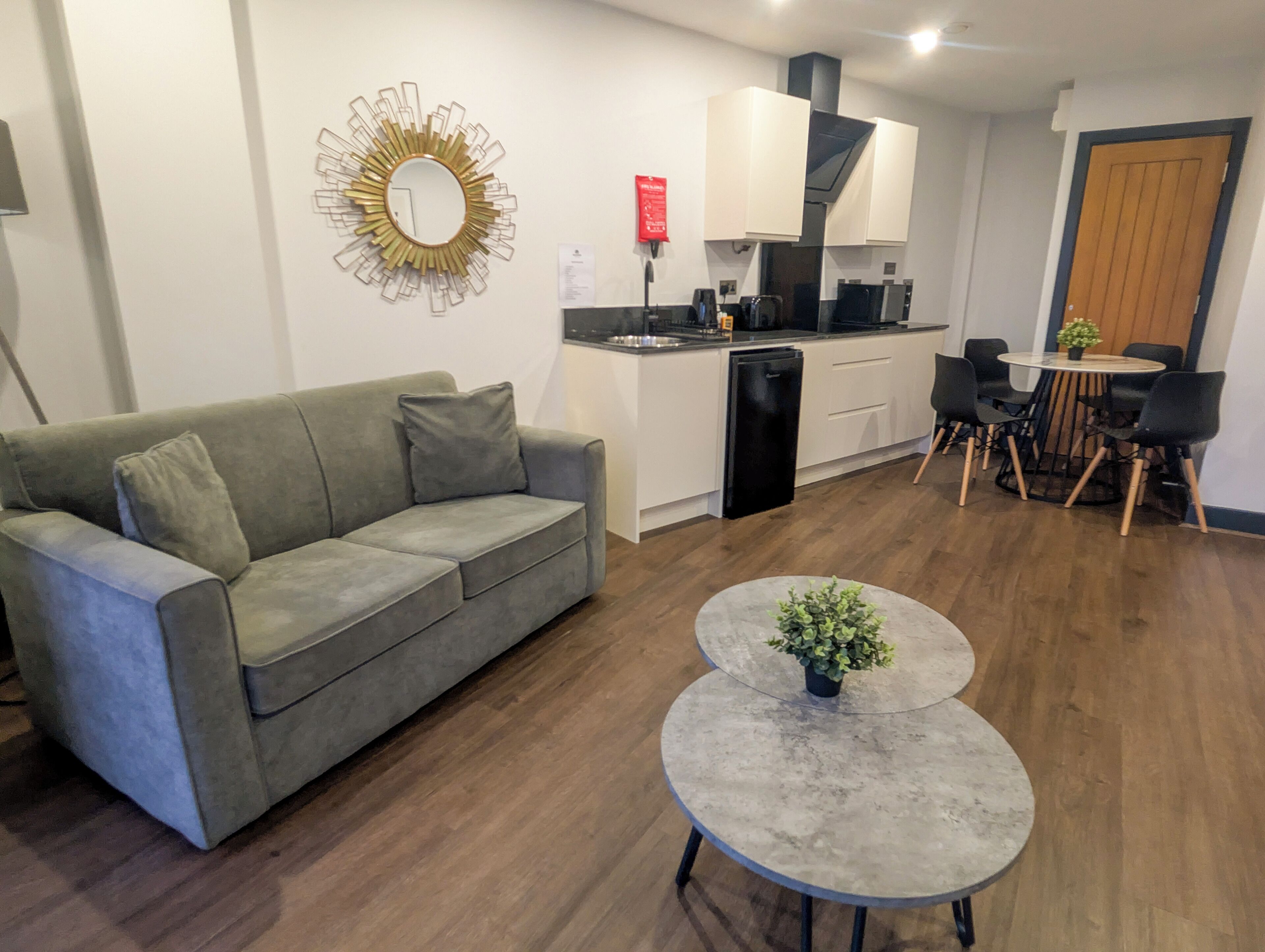 A modern living room with a grey sofa, a small round table with a plant, and a kitchen area with white cabinets and a black dishwasher.