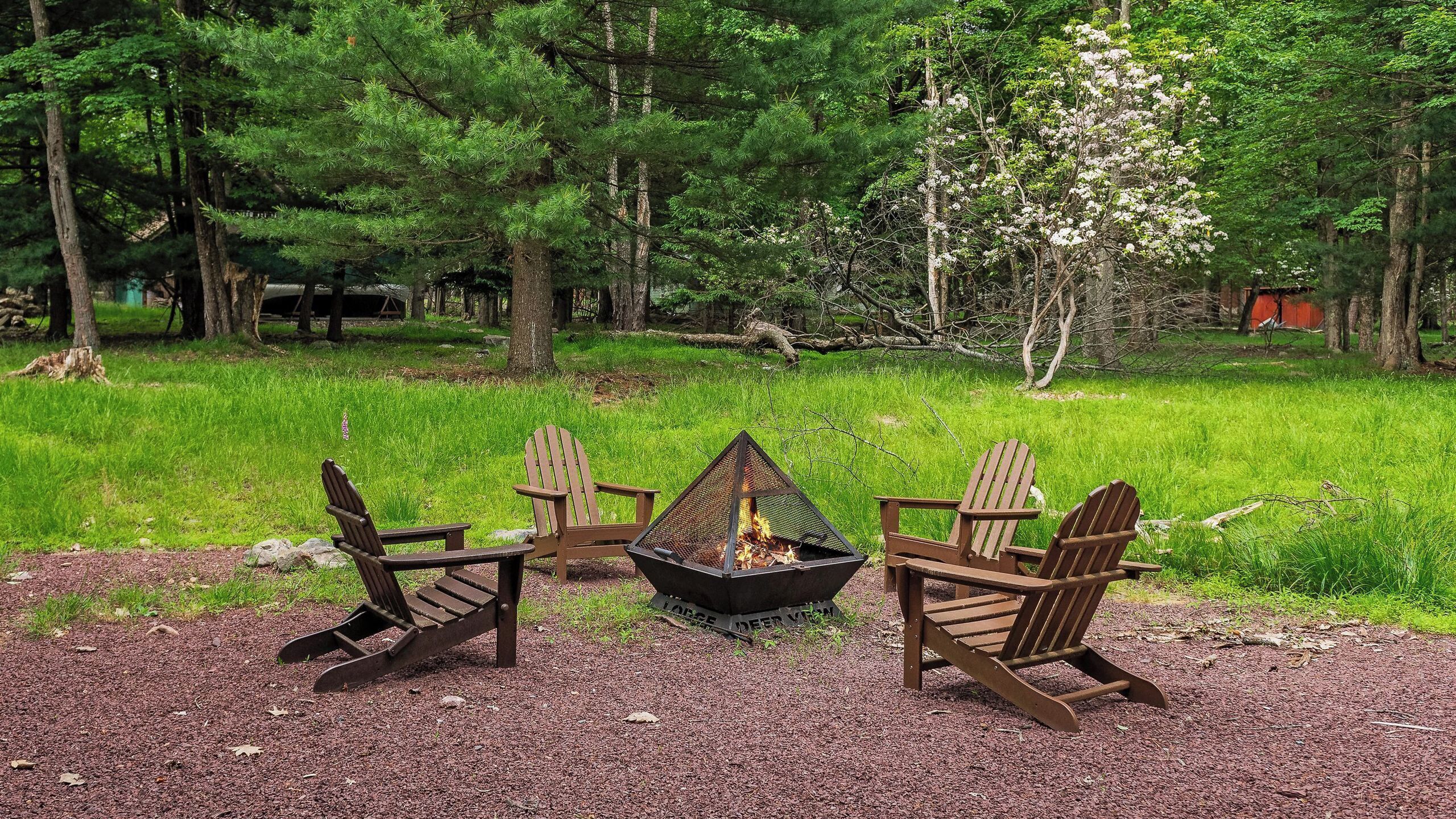 Un terrain de camping équipé d’un foyer, de quatre chaises Adirondack et d’une zone herbeuse entourée d’arbres.