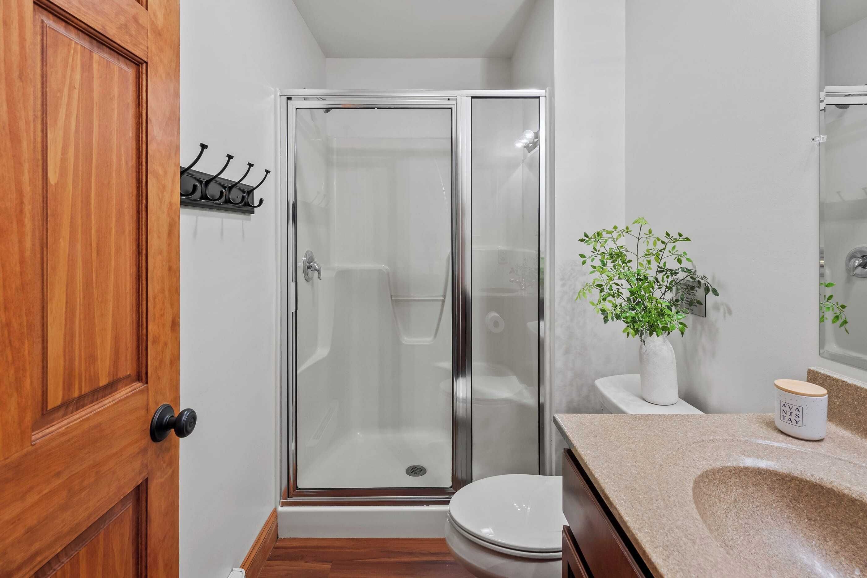 A small bathroom with a glass shower enclosure, a wooden door, a white sink, and a potted plant.