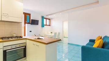 Apartamento, vista para o mar | Cozinha privada | Geladeira grande, fogão, lava-louças, chaleira elétrica