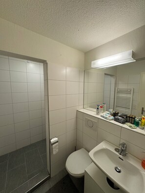 Regadera, toallas, jabón, papel de baño 