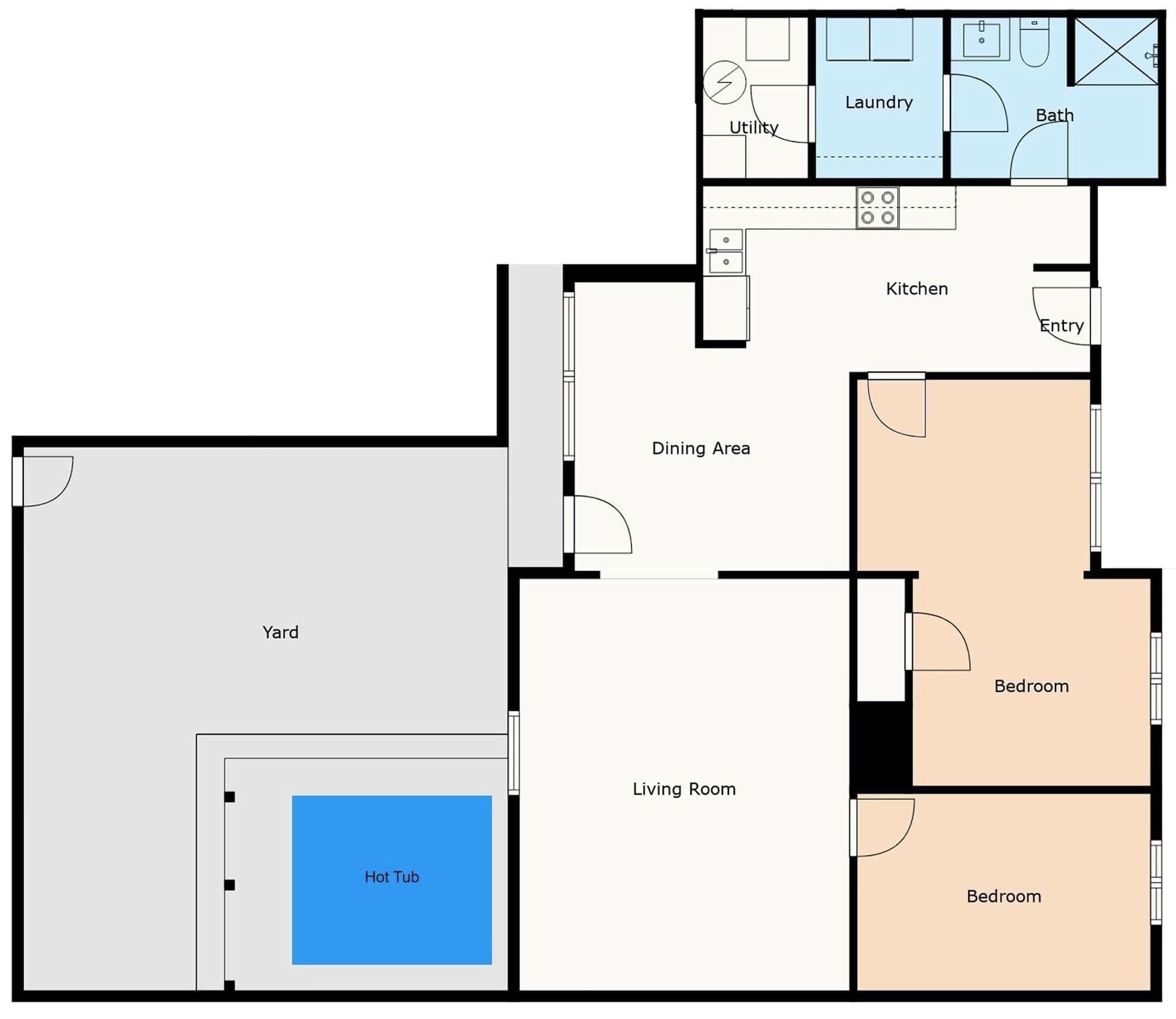 A floor plan with a dining area, kitchen, laundry, bathroom, and two bedrooms.