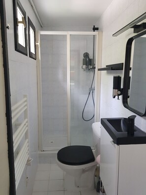 Une petite salle de bain moderne, équipée de toilettes, d’une douche et d’un lavabo.