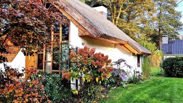 Een traditioneel huis met rieten dak, omringd door een verzorgde tuin en een heldere lucht.