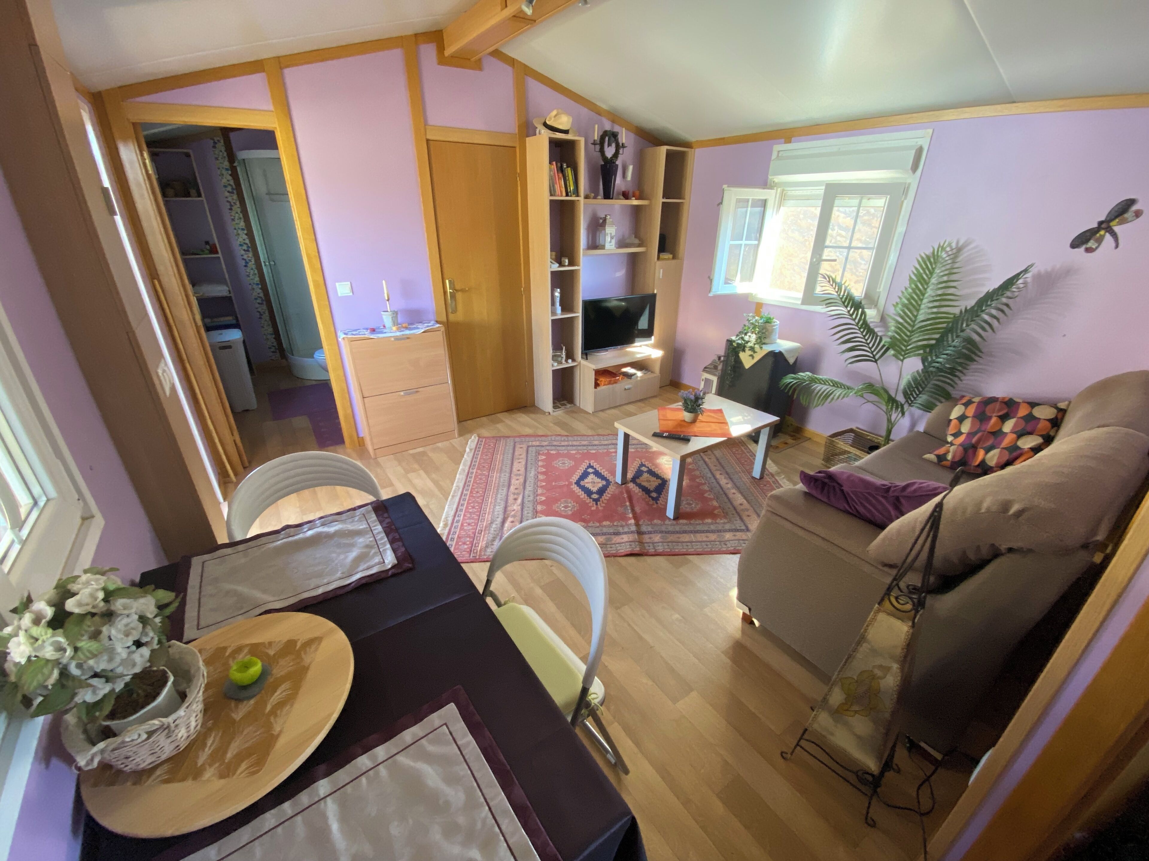 Ein Wohnzimmer mit einer Couch, einem Esstisch mit Stühlen, einem Fernseher und einem Bücherregal.