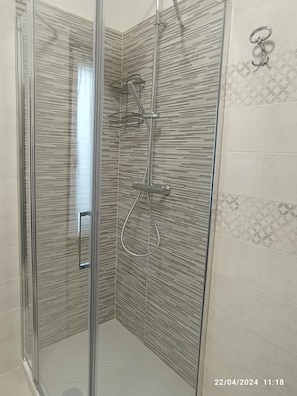 Shower, hair dryer, bidet, towels