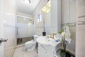 Shower, hair dryer, towels, soap