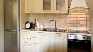 A compact kitchen with wooden cabinets, a stainless steel refrigerator, a built-in oven, and a tiled backsplash.